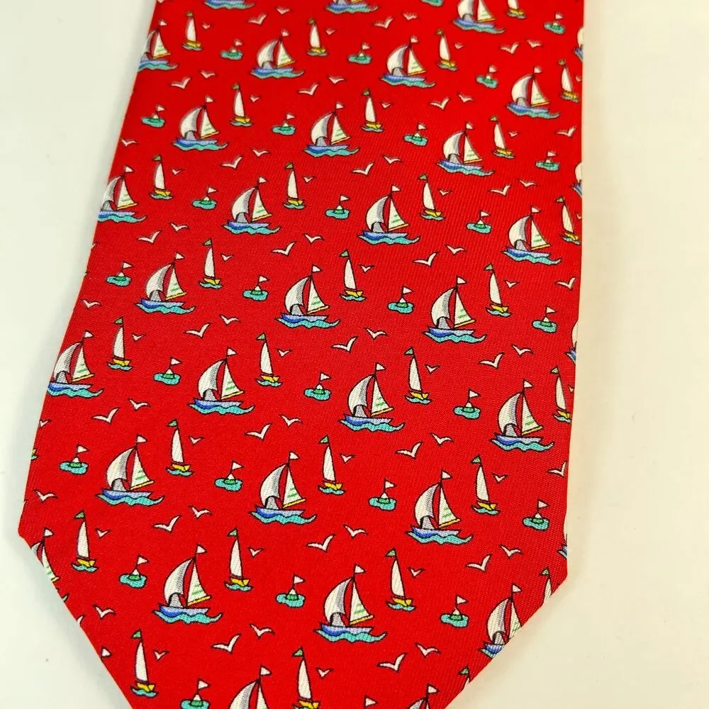 Jos. A. Bank Men's Bright Red Blue Nautical Sailboat Print 100% Silk Tie